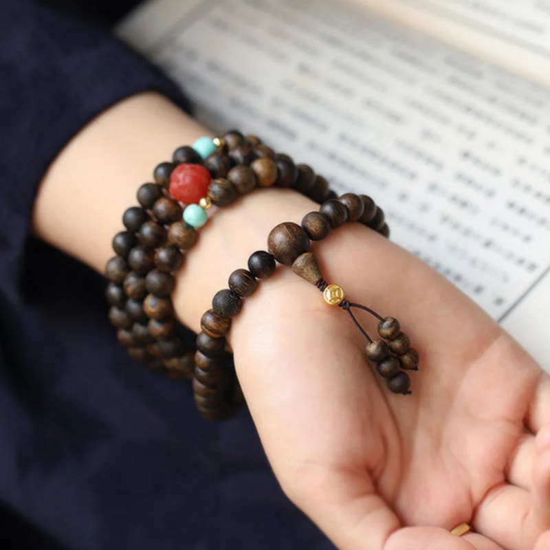 108 Mala Beads Agarwood Red Agate Turquoise Peace Meditation Necklace Bracelet