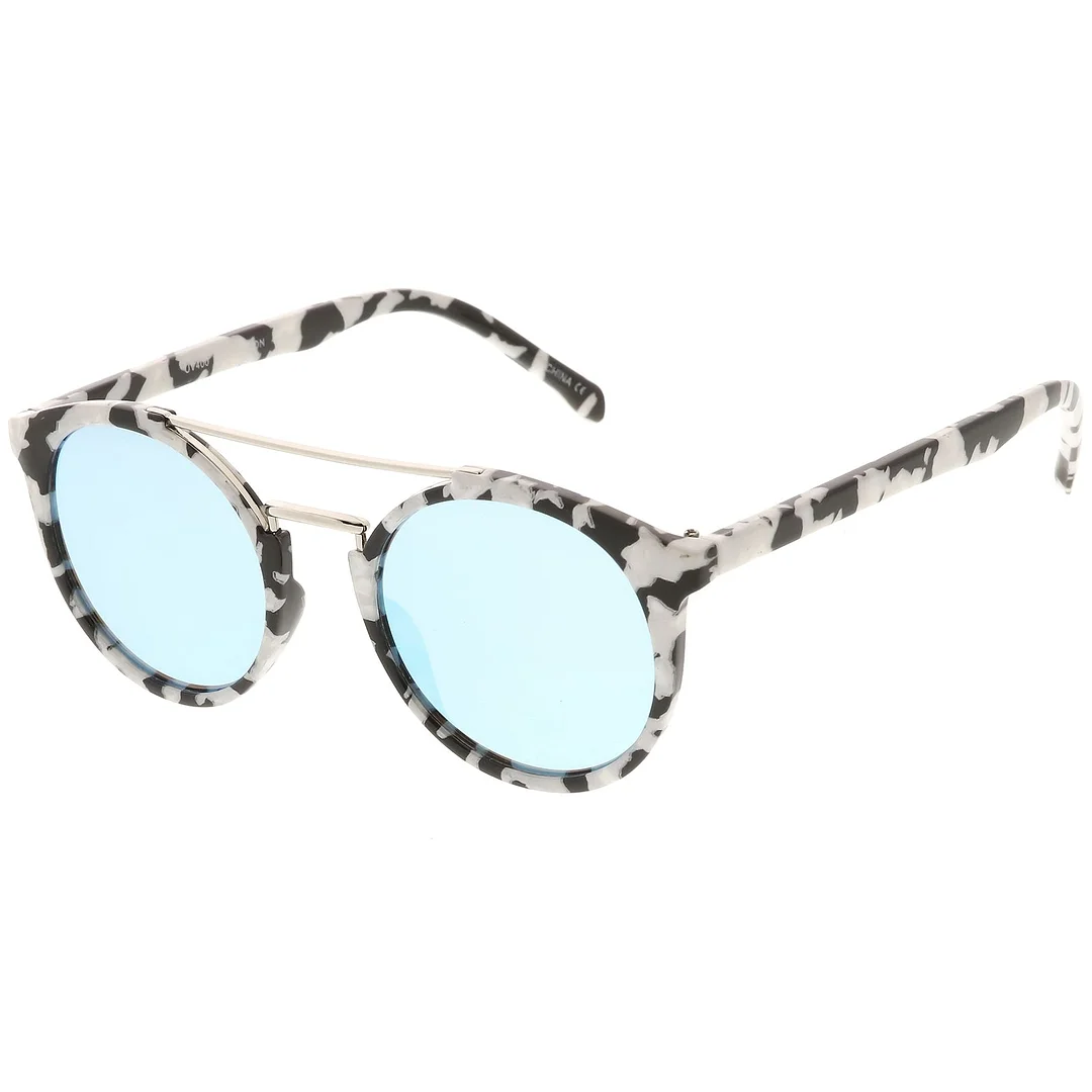 Modern Horn Rimmed glasses Marble Print Double Crossbar Round Flat Lens 50mm
