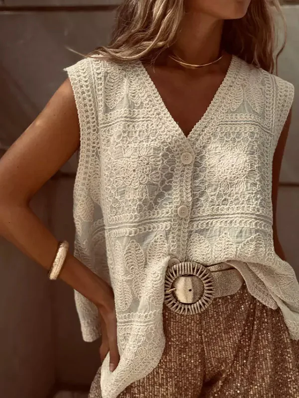 Buttoned Crochet Embroidered Loose Sleeveless V-Neck Vest Top