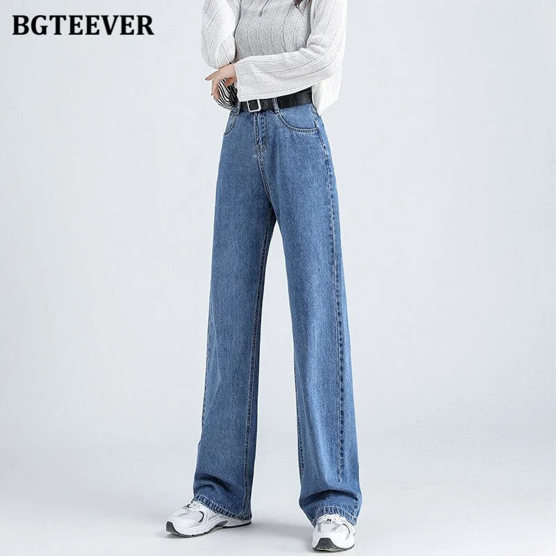 BGTEEVER Casual Spring Women Long Jeans Trousers High Waist Pockets Loose Female Wide Leg Denim Pants Ladies Floor-Length Pants