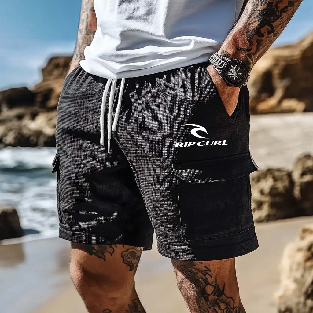 Men's Vintage Surf Waffle Knit Multi-Pocket Elastic Drawstring Black Cargo Shorts