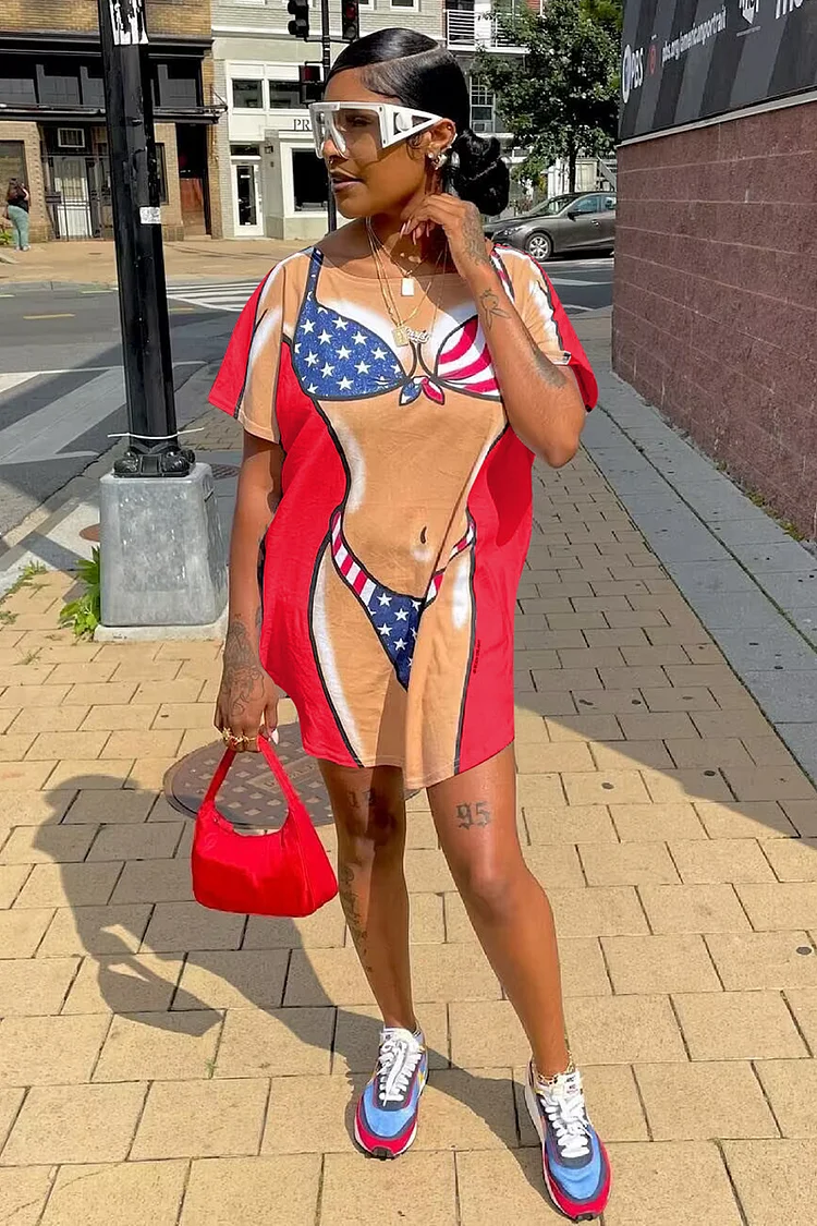 Bikini Pattern Print Round Neck Short Sleeve Casual Mini Dress
