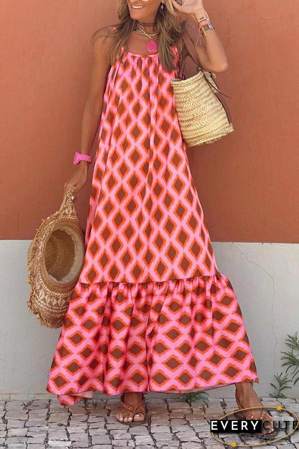 Red Geometric Print Loose Fit Sleeveless Maxi Dress