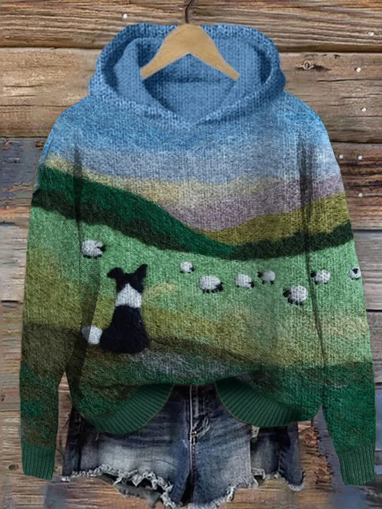 Border Collie & Sheep Landscape Felt Art Cozy Knit Hoodie