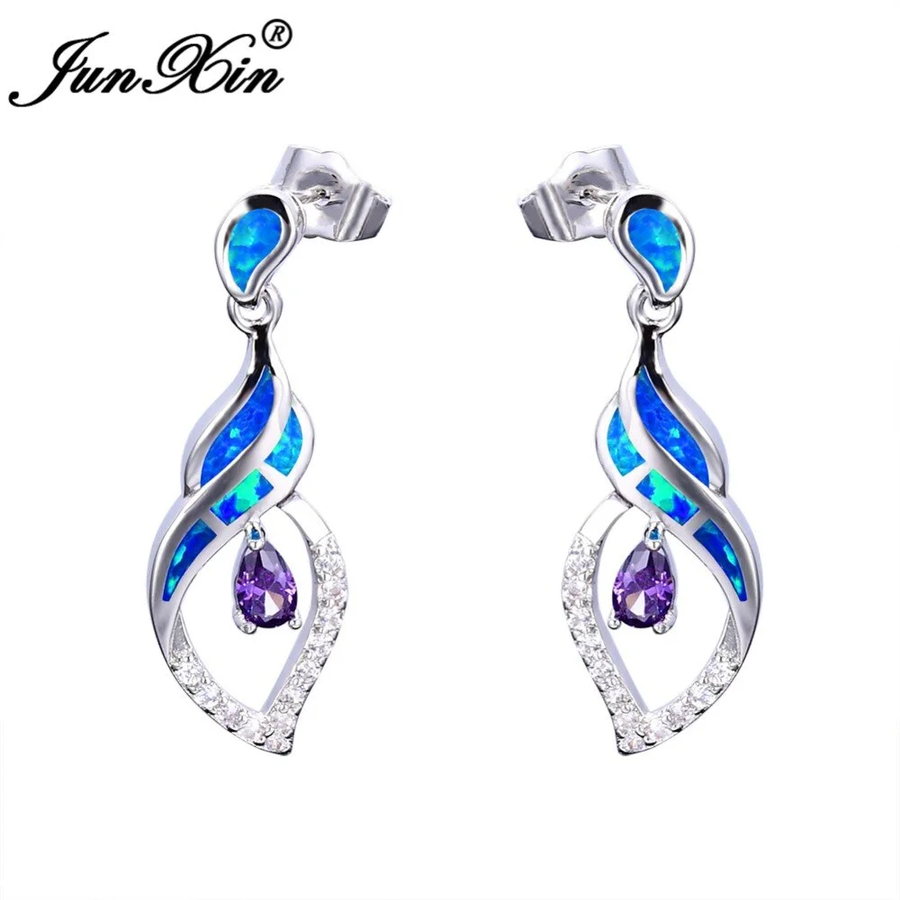 JUNXIN 2017 New Fashion Women Water Drop Purple Earrings Blue Opal Earrings Silver Color Dangle Earrings For Women
