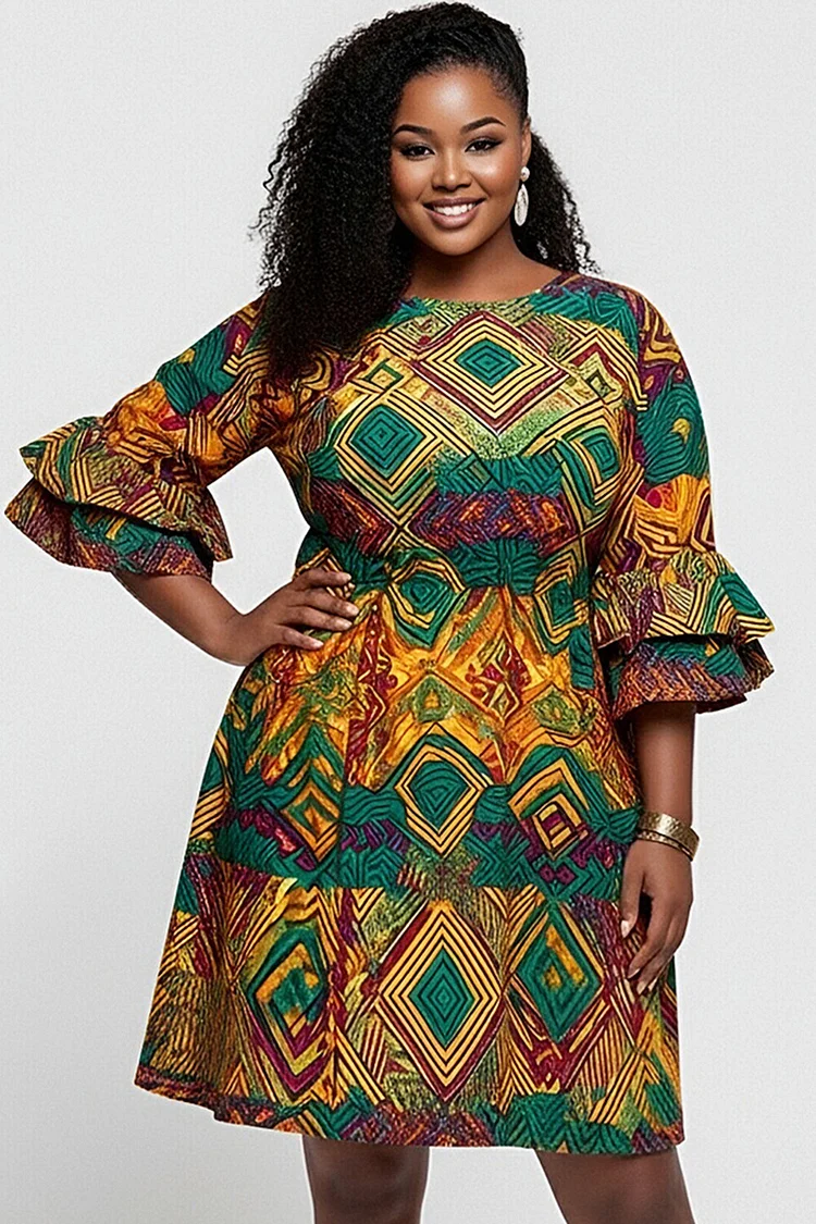 Xpluswear Design Plus Size Daily Multicolor African Print Round Neck Flare Short Sleeve Ruffle Mini Dresses [Pre-Order] 2024 - Xpluswear
