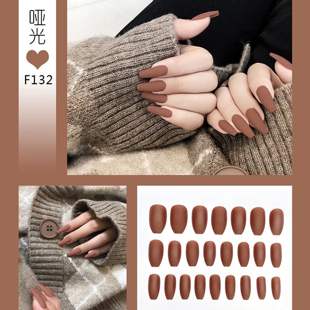 24pcs/box Full Cover fake Press on Nails Matte Yellow Pure Acrylic Frosted Ballerina acrylic for nails for Women and Girls-Nail Inspo