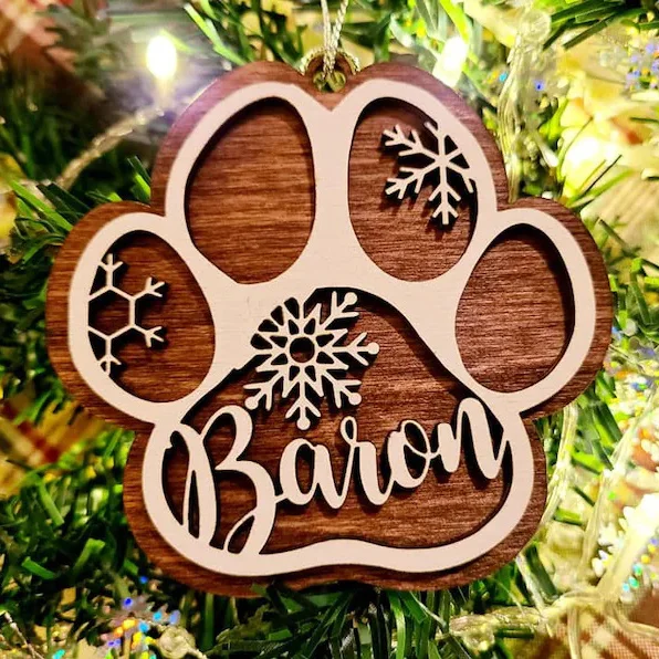 Dog Paw Ornament Personalized Name Wooden Snowflake Ornament Christmas Gift