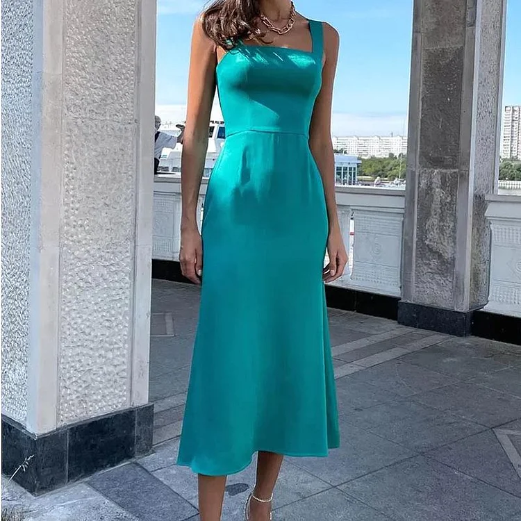 Promsstyle Solid color satin A-line fitted sling dress Prom Dress 2023