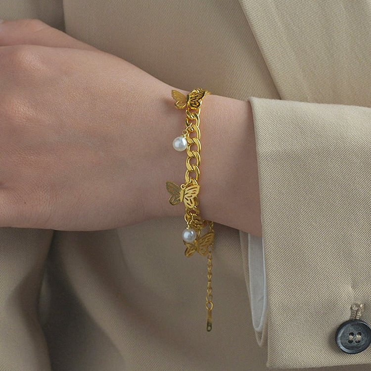 Gold Butterfly Pearl Bracelet