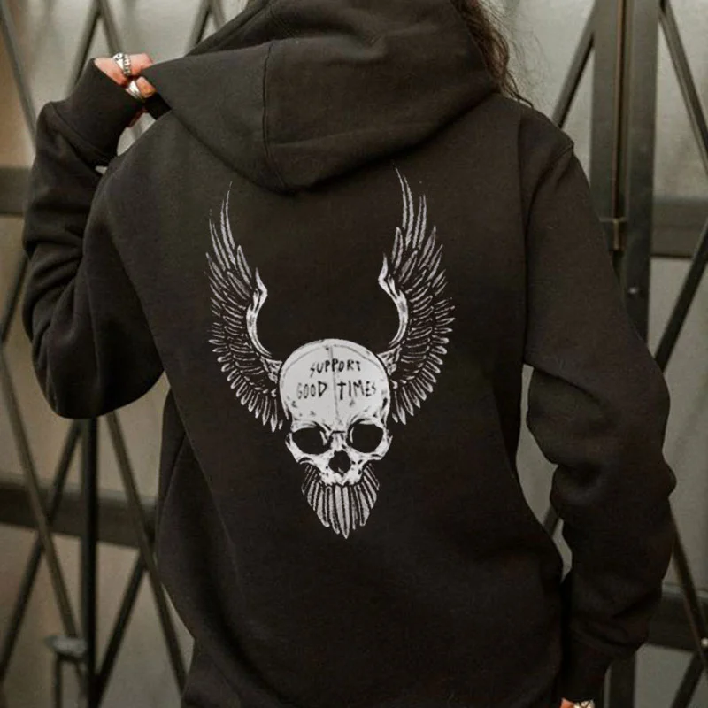 SUPPORT GOOD TIMES Skull Wings Casual  Black Print Hoodie
