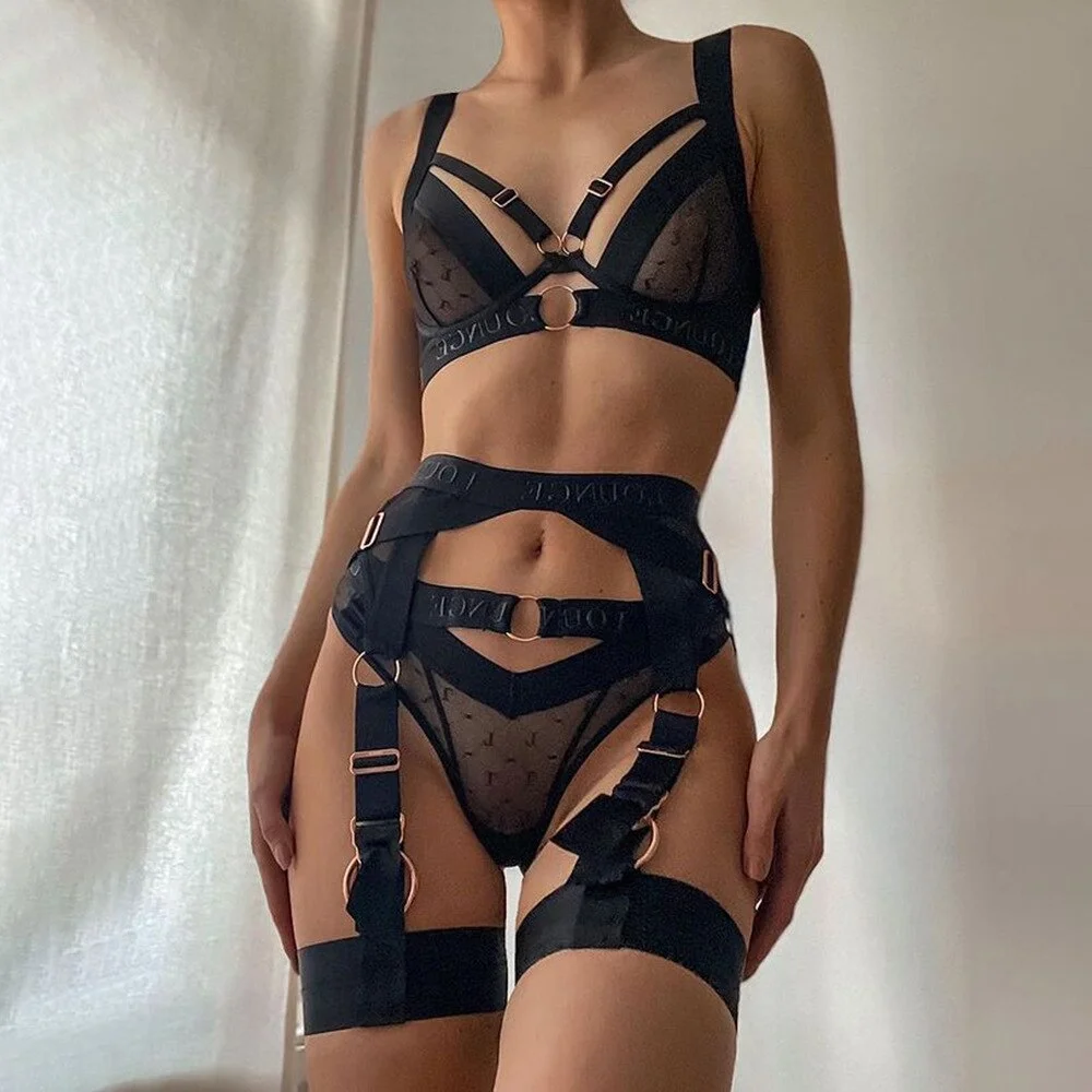MIRABELLE Goth Lingerie Sexy Cut Out Transparent Bra Underwear 3-Piece Erotic Breves Sets Garters See-Through Luxury Intimate