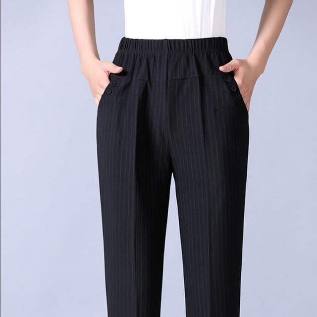 Plus size mother's straight trousers Casual elastic high waist harem pants women Classical pants with stripes loose breathable - BlackFridayBuys