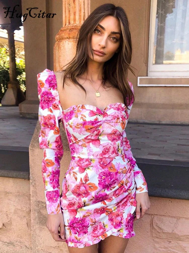 Hugcitar 2022 Long Sleeve Floral Print Ruched Ruffles Mini Dress Autumn Winter Women Party Cute  Outfits Streetwear