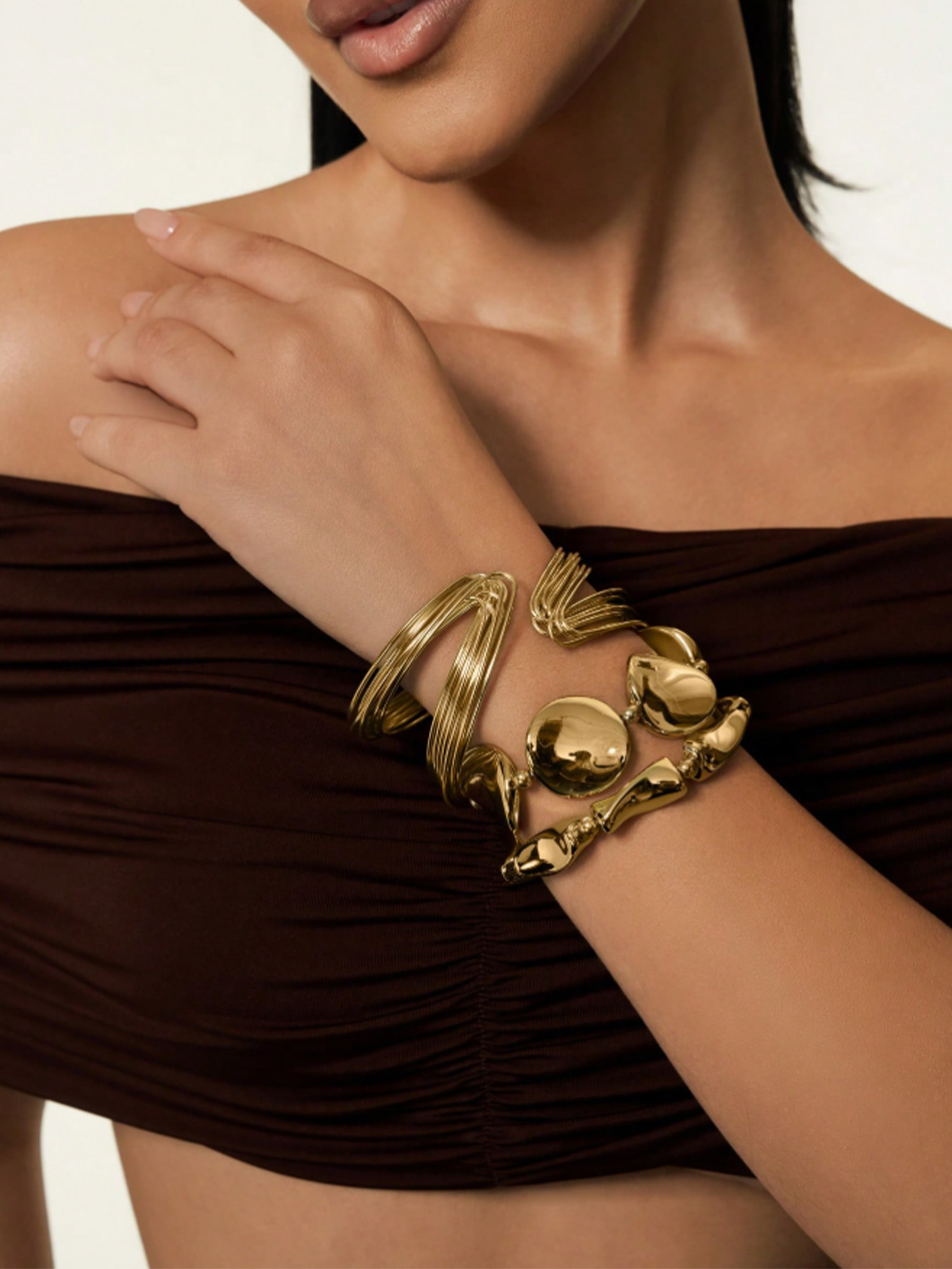 Ideal For Sunset Shoots &mdash; Bright Gold Heavy Liquid Metal Texture & Multi-Layer Fine Line Combination Bangle High-Quality Lightweight Material Boho Chic Statement Bracelet