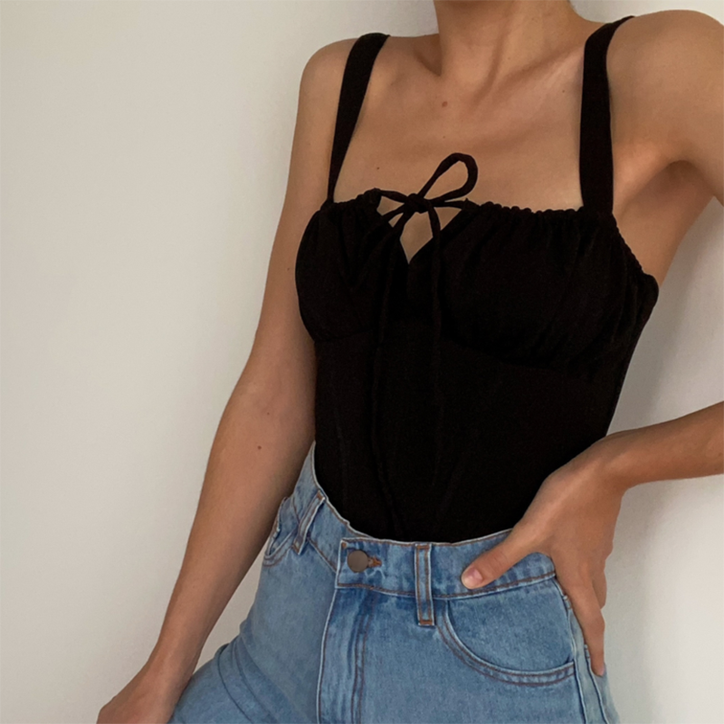 WannaThis Sleeveless Camis Women Lace up Ruched Tank Top Women Summer 2021 Casual Elegant Crop Top Bandage Backless Solid Color