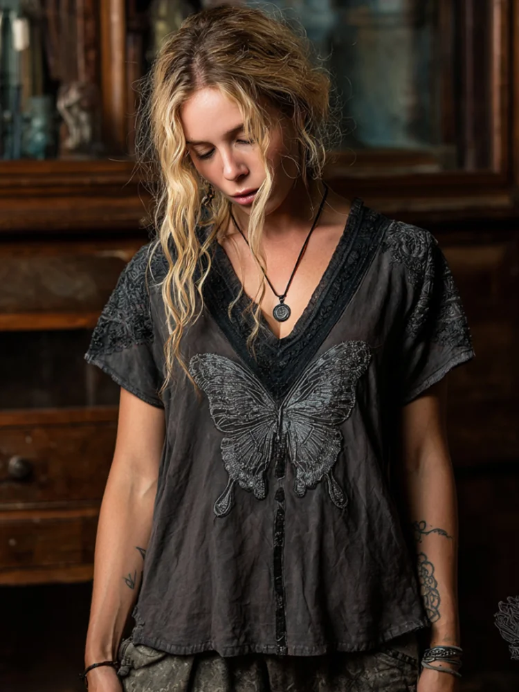 Viking Dark Style Thorn Butterfly Embroidery Vintage V-neck Short-sleeve Top