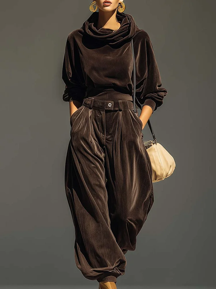 Vintage brown velvet hoodie and loose-fitting trousers set（Includes belt）