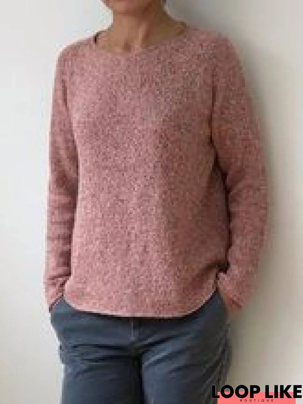 Pink Casual Round Neck Cotton-Blend Sweater