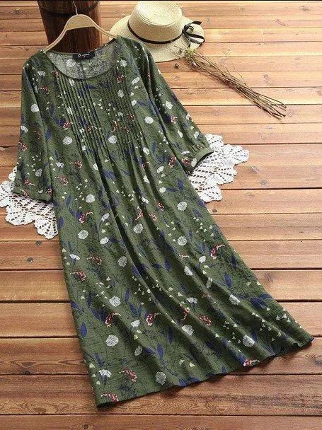 Plus Size Cotton 3/4 Sleeve Romantic A-Line Dresses