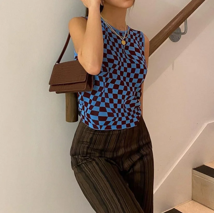 Women Summer Checked Crop Top Female Sleeveless Knitted Vest Plaid Printed Y2K Tank Top Streetwear Fashion Aesthetic Cute Shirts