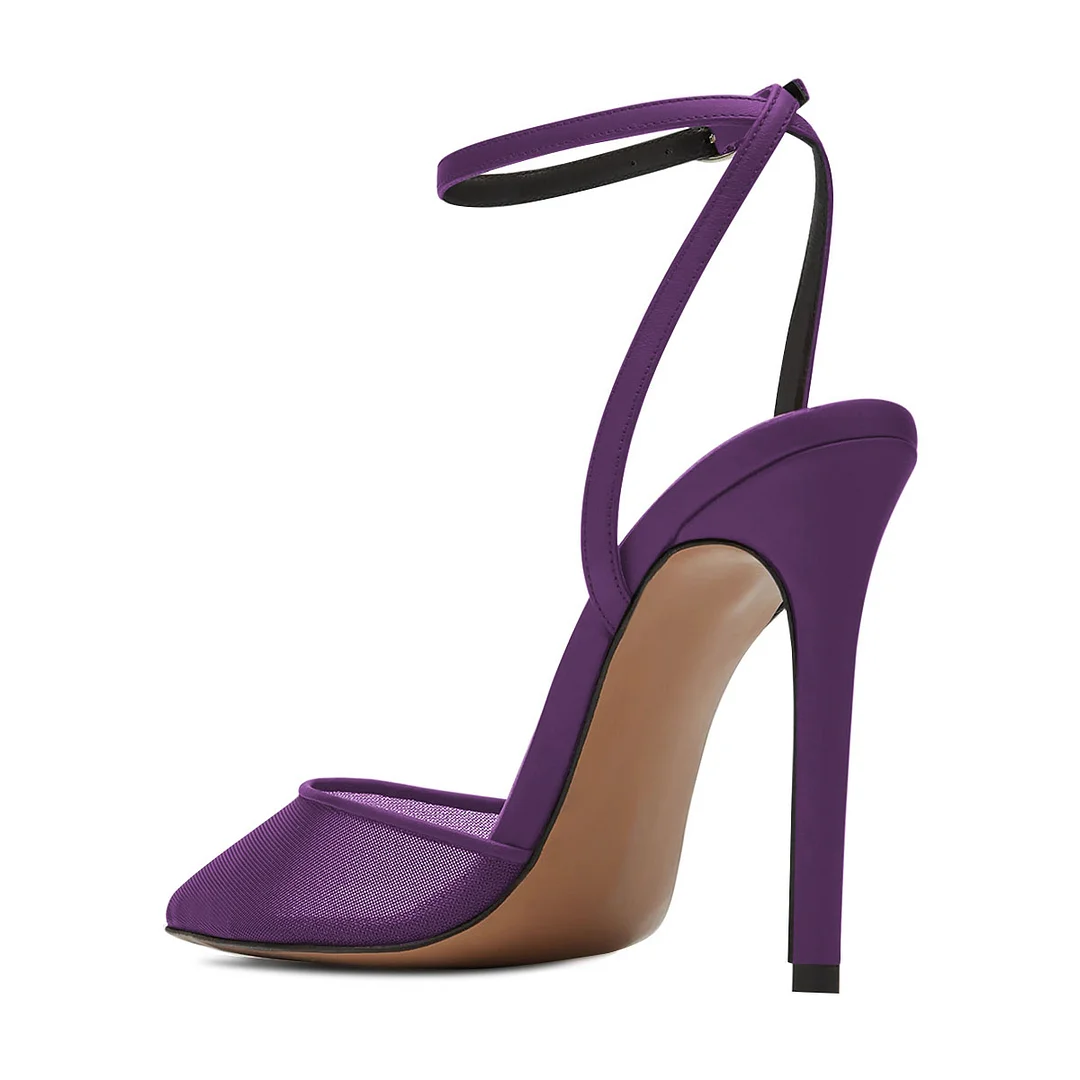 Purple Mesh & Satin Buckle Fastening Ankle Strappy Elegant Pumps