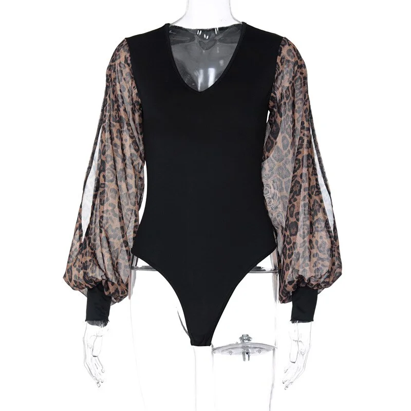 2021 Summer Women Fashion Club Party Body Long Sleeve Bodysuit V Neck Leopard Mesh See-through Sexy Patchwork Black Body Suits