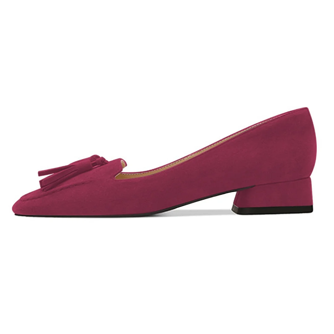 Fuchsia Square Toe Tassel Accent Block Heel Loafer Pumps Shoes