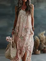Women's Floral Roses Art Print Flowy Linen Blend Casual Tank Maxi Dress