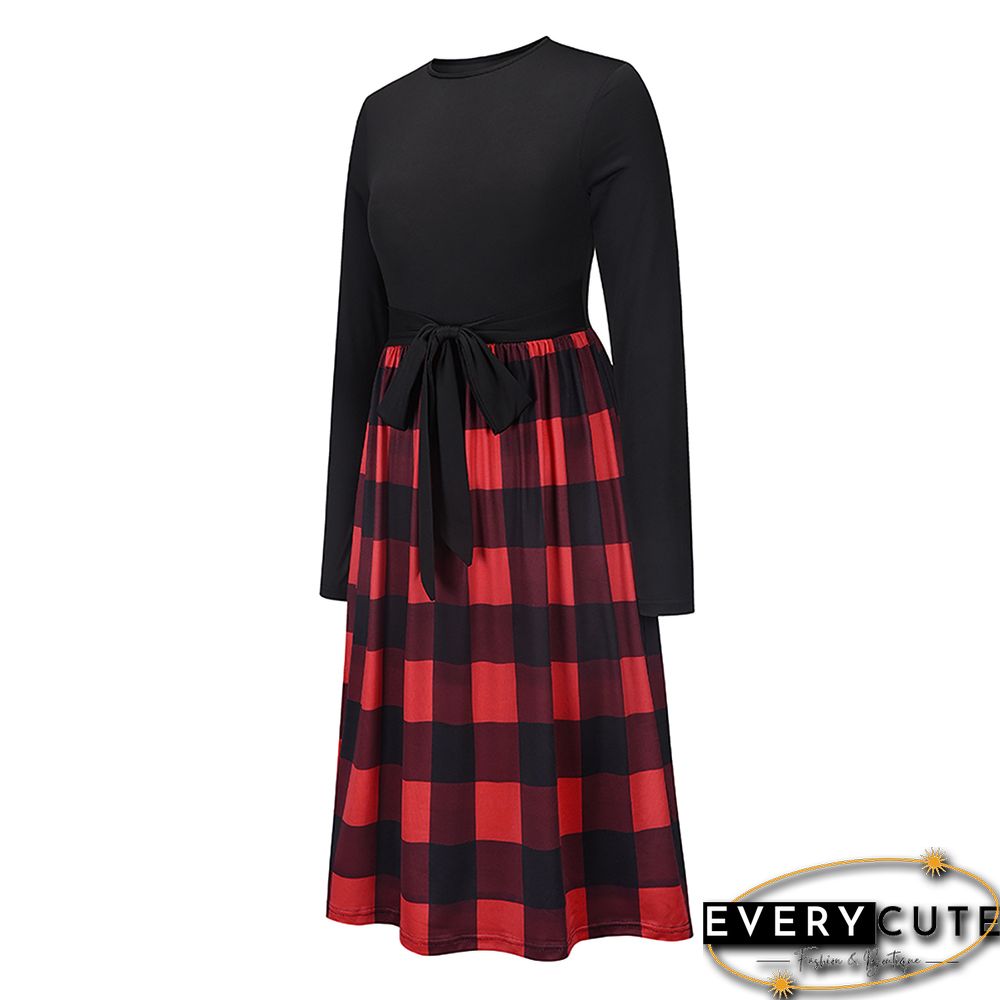 Red Splice Plaid Tie Waist Long Sleeve Dress