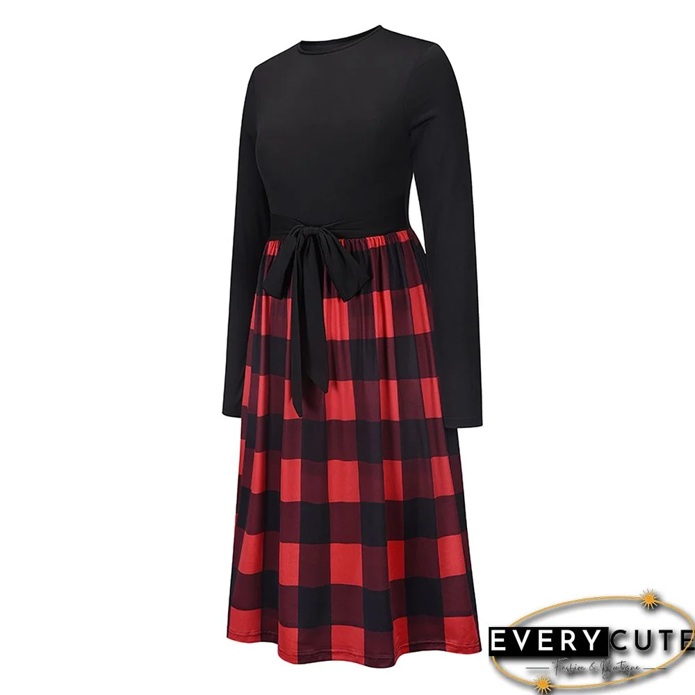 Red Splice Plaid Tie Waist Long Sleeve Dress