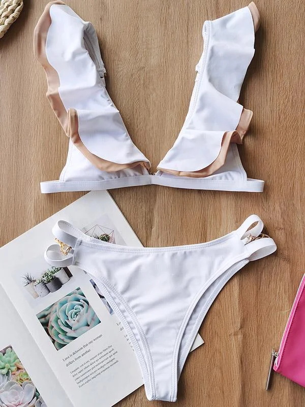 Flared Sleeves V-Neck Split Bikini Swimsuit