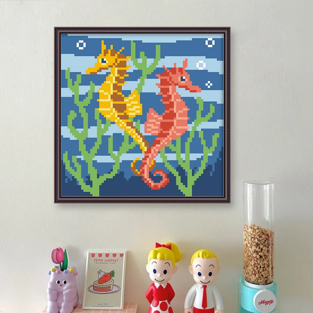 9CT Full Stamped Cross Stitch Bead Embroidery - Seahorse(Canvas|20*20CM)