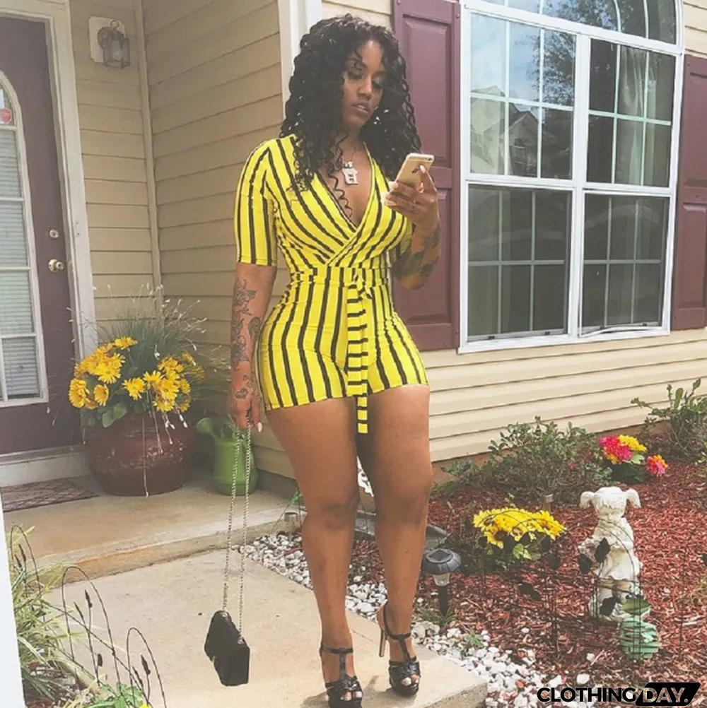 Blue Striped V-Neck Belt Romper