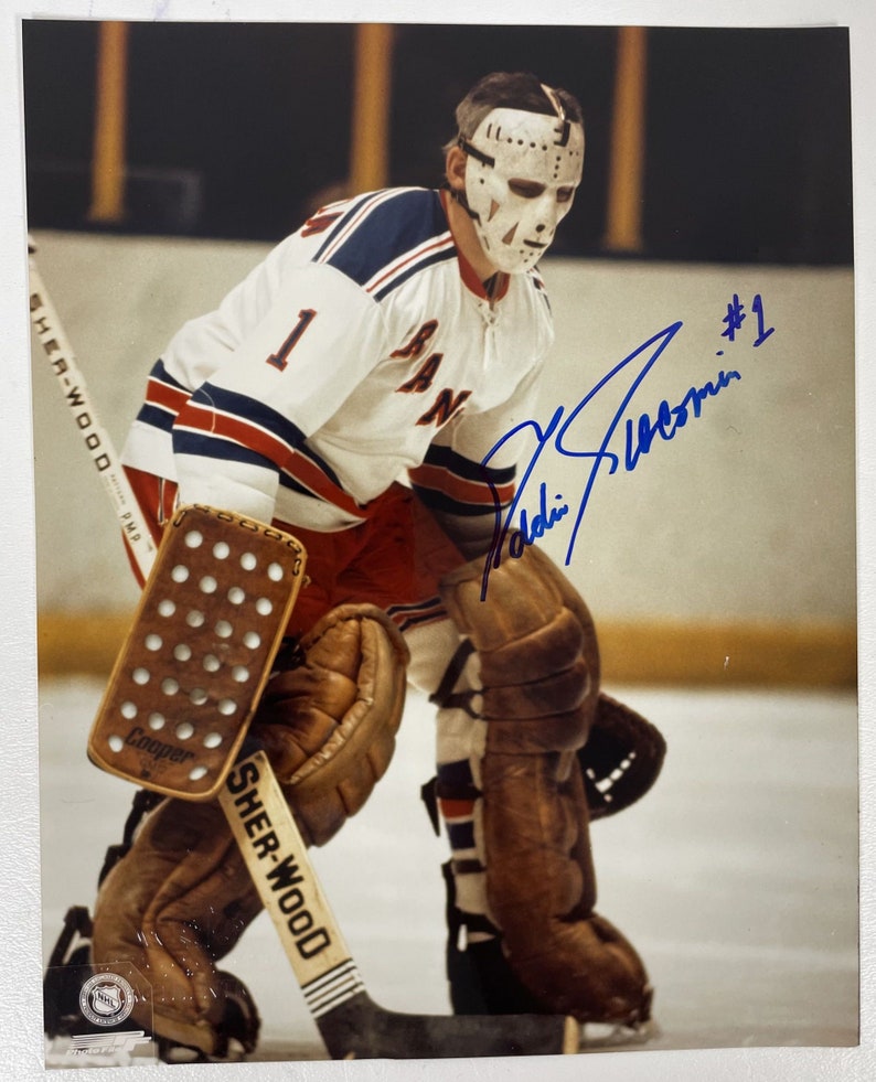 Eddie Giacomin Signed Autographed Glossy 8x10 Photo Poster painting New York Rangers - COA Matching Holograms