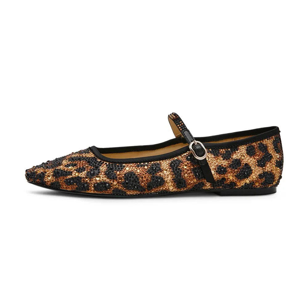 Brown & Black Round Toe Leopard Print Mary Jane Flats with Rhinestone