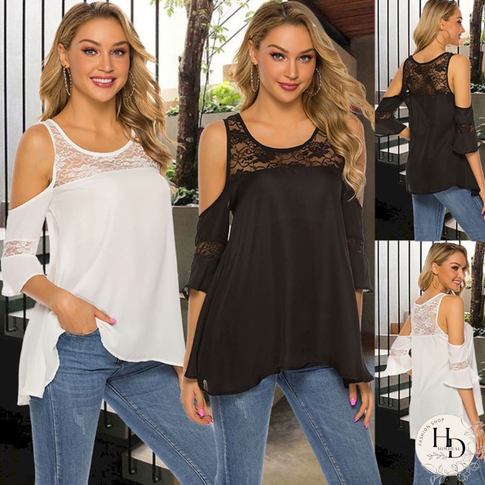 Women Summer Fashion Chiffon Lace Tops Strapless Flare Half Sleeve Tops Stitching Hot Tops