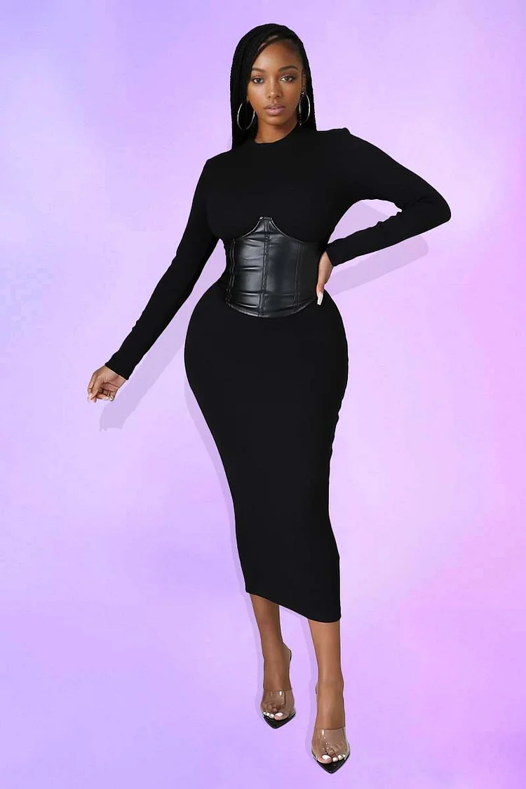 Patchwork Corset Long Sleeve Plain Bodycon Midi Dresses 