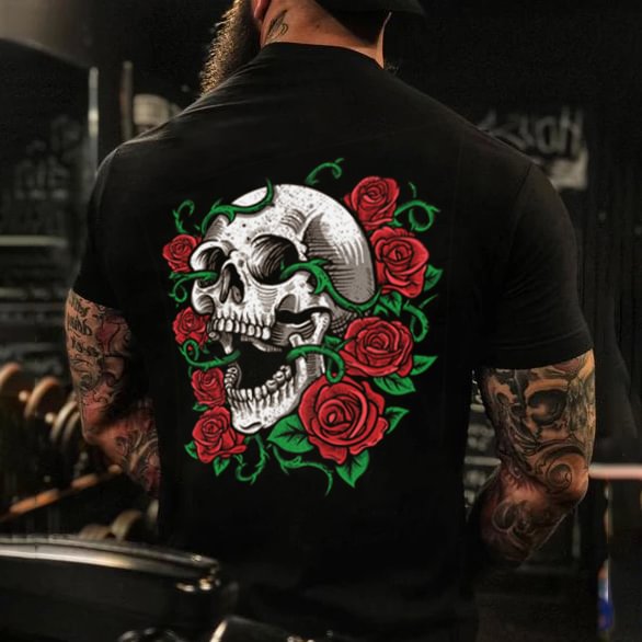Designer red rose skull print loose t-shirt - Krazyskull