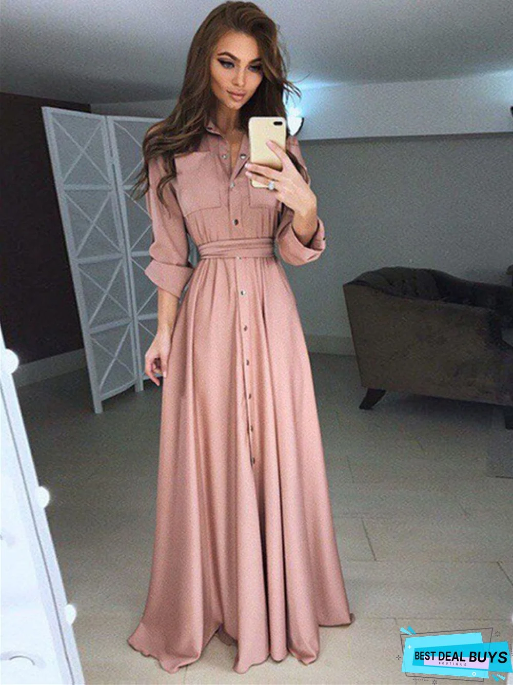 Long Sleeve Button Lace Solid Color Dress