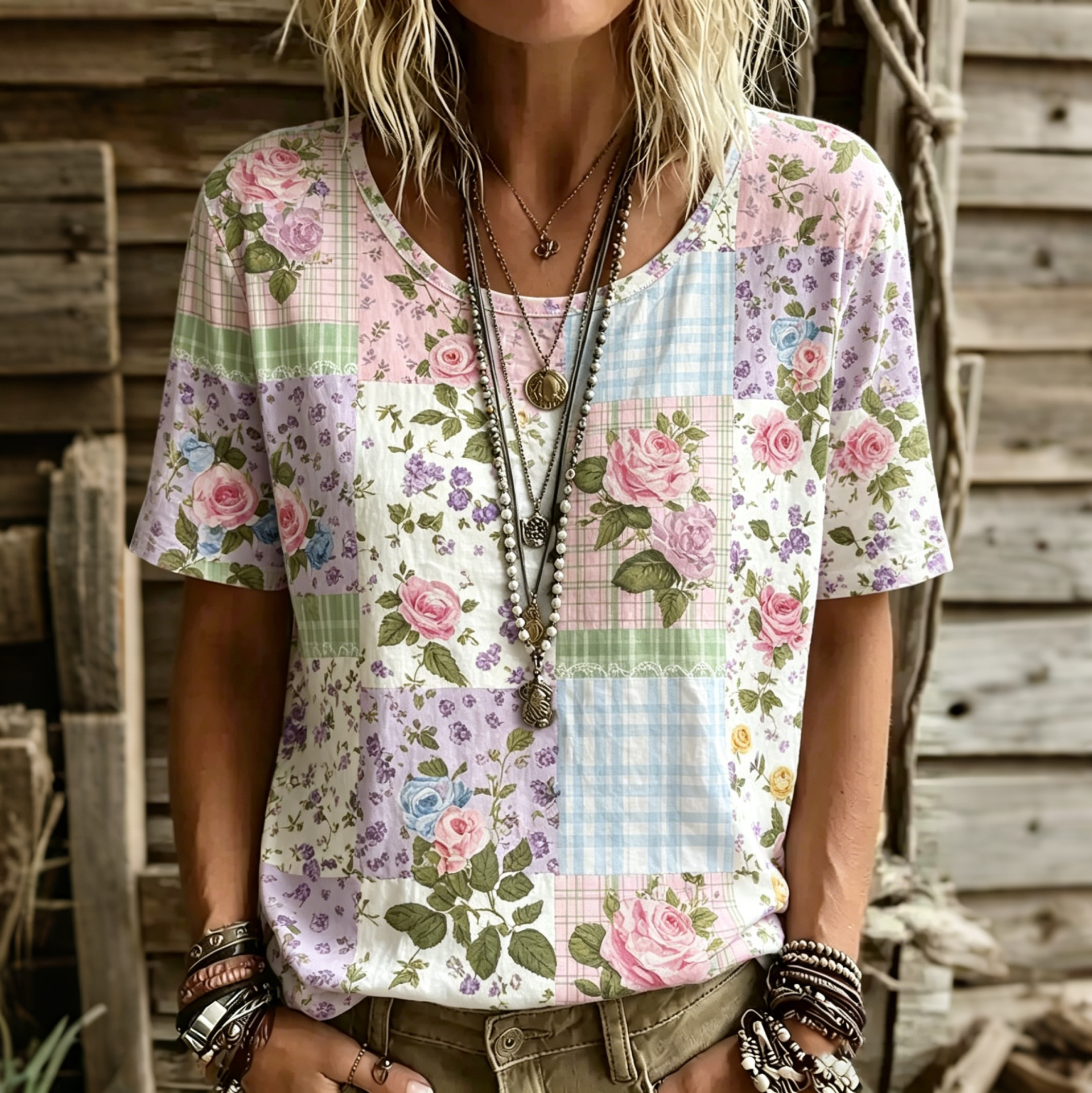 Comstylish Women's Retro Floral Patchwork Art Print Casual Short-sleeve V-neck T-shirt