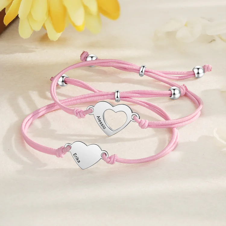 2-PCS Personalized 2 Names Elastic Cord Heart Bracelet, Back To School Gift For Daughter