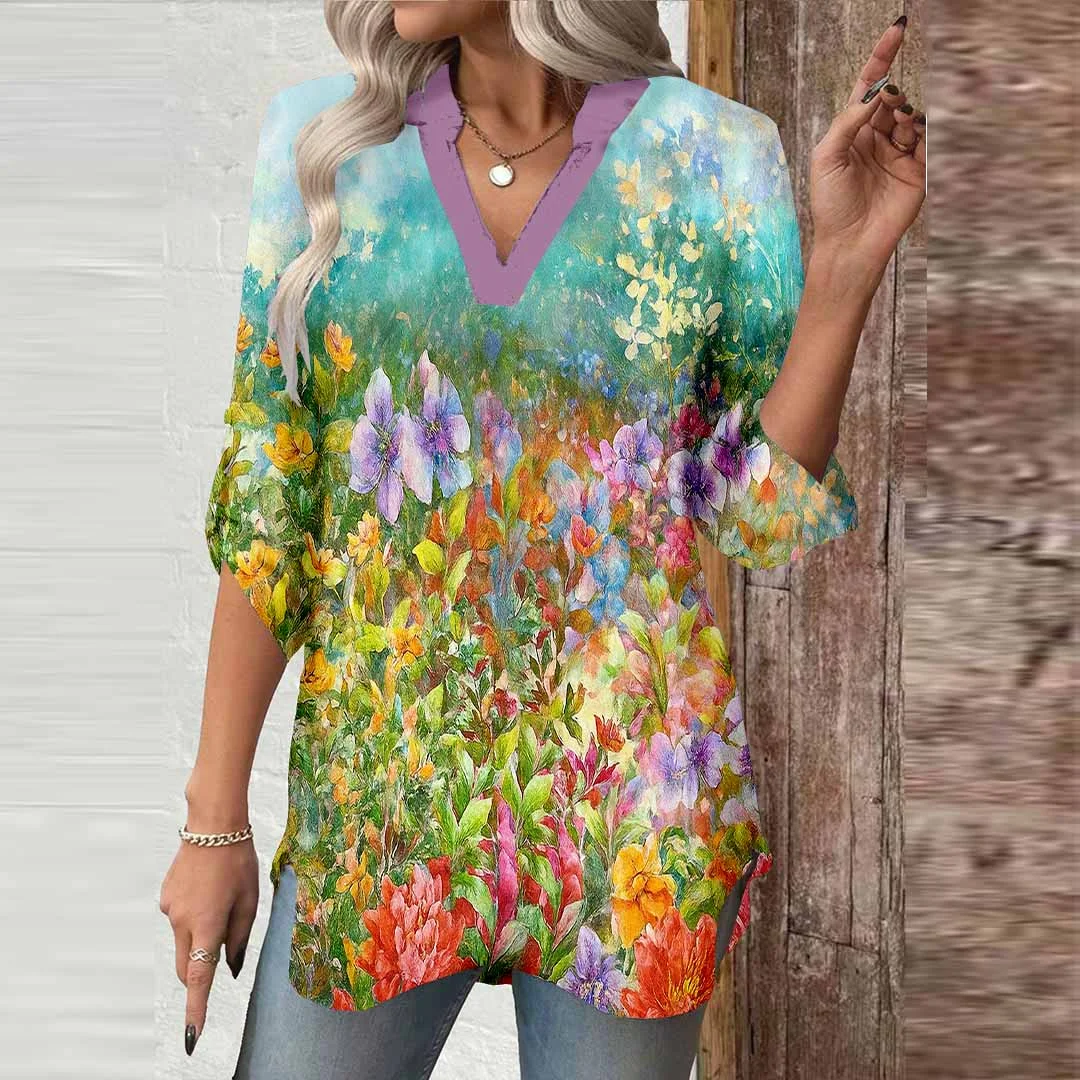 Women Floral, Green, Red DZGA0545 3/4 Sleeve V-neck Printed Graphic Button Tops