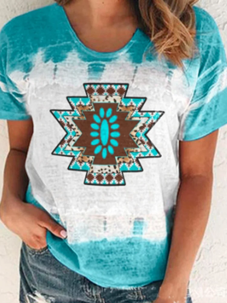 Short Sleeve Casual Ethnic Pattern Tops socialshop