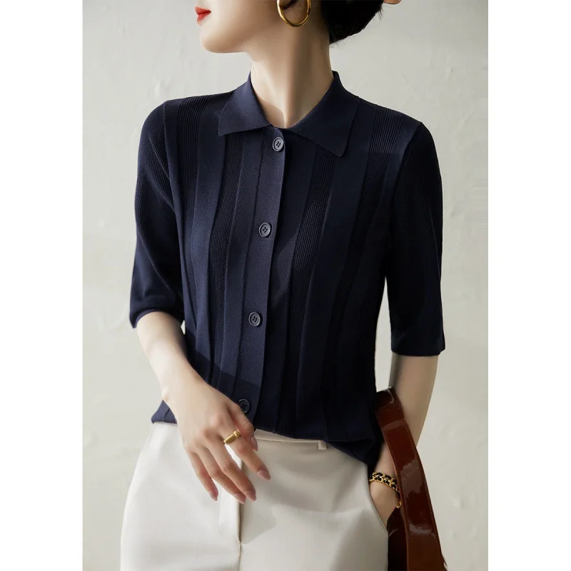 Uveng Uveng High-End Simple Style Polo Shirt Female Summer Temperament Wearing Knitted Short-Sleeved Open-Sleeve Ice Blouse