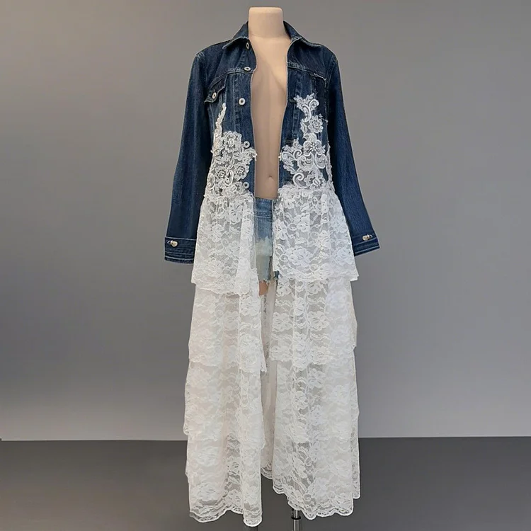 Casual Shirt Collar Button Lace Layered Ruffle Long Denim Jacket