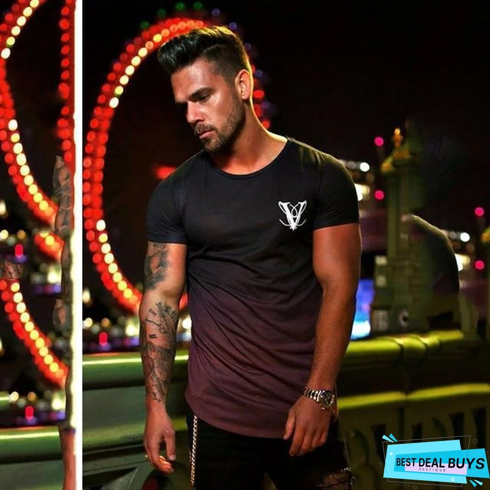 Gradient Color Fashion T-Shirt Men Fast Compression Breathable Short Sleeve