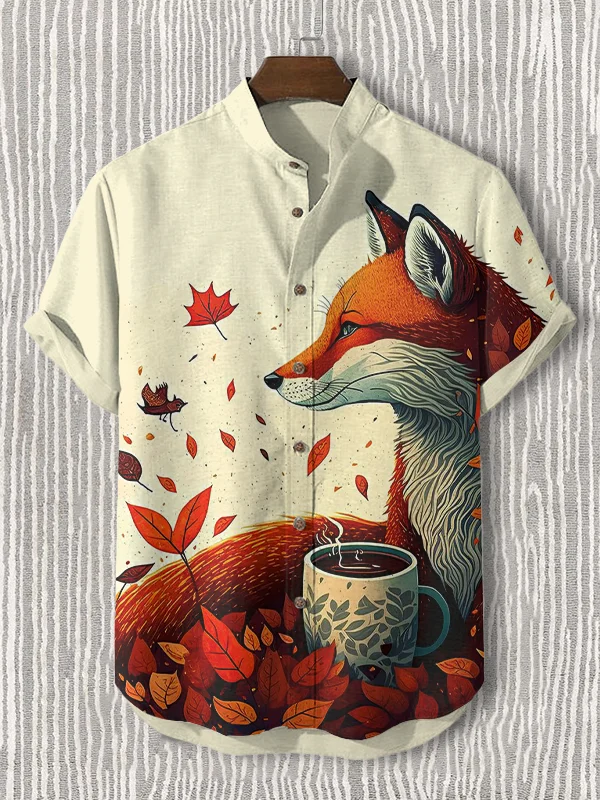 Men's Fox Drinking Coffee Art Print Casual Shirt