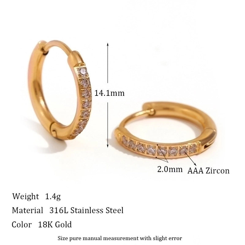 1 Pair Minimalist Round Solid Color Plating Inlay 304 Stainless Steel Zircon 18K Gold Plated Hoop Earrings