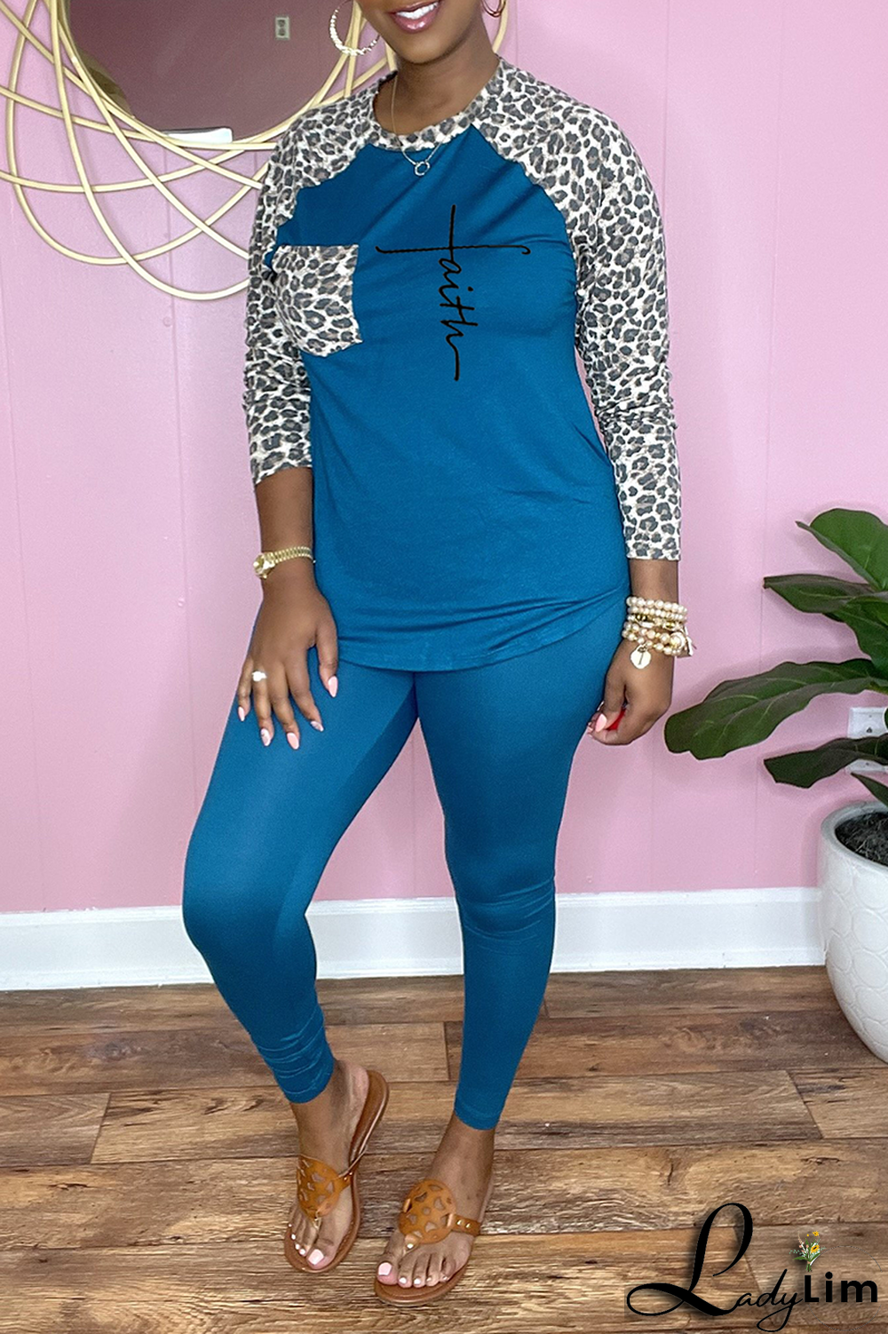 Blue Fashion Leopard Patchwork O Neck Long Sleeve Two Pieces